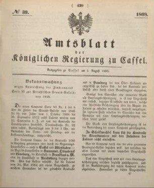 № 39. Ausgegeben zu Cassel am 5. August 1868.