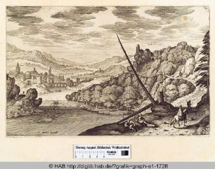 Flusslandschaft mit einer Stadt im Hintergrund, rechts mehrere Wanderer und Reiter.
