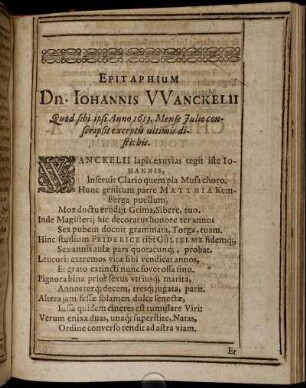 Epitaphium Dn. Iohannis Wanckelii quod sibi ipsi Anno 1613.