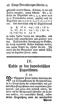 IV. Tafeln zu den hyperbolischen Logarithmen