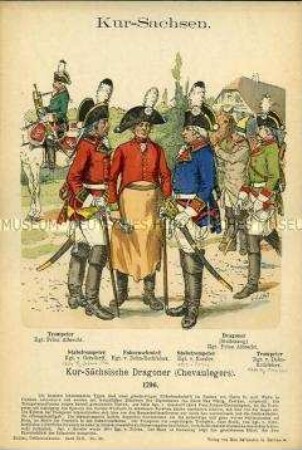 Uniformdarstellung, Trompeter, Stabstrompeter, Fahenschmied und Gemeiner verschiedener Dragoner-Regimenter, Kurfürstentum Sachsen, 1796.