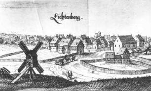 Prettin-Lichtenburg. Ortsansicht mit Bockmühle, Kupferstich, Ausschnitt