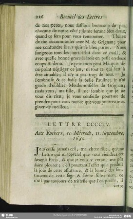 Lettre CCCCLV. Aux Rochers, ce Mécredi, 11. Septembre, 1680