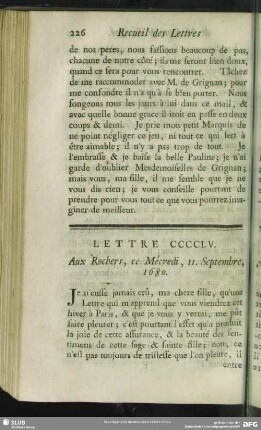 Lettre CCCCLV. Aux Rochers, ce Mécredi, 11. Septembre, 1680
