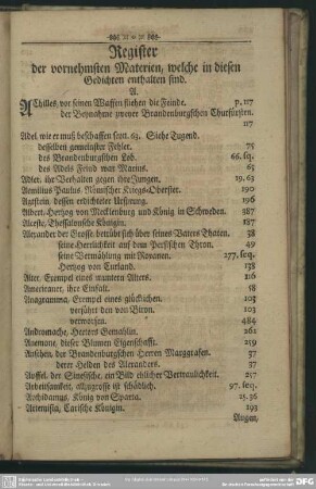 Register der vornehmsten Materien, welche in diesen Gedichten enthalten sind