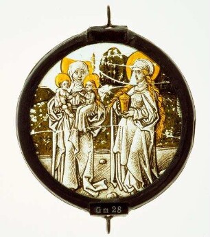 Kabinettscheibe mit Hl. Anna Selbdritt und Hl. Maria Magdalena. Zugehörig zu einer Serie von drei Rundscheiben mit Heiligendarstellungen, vgl. Gm.029, 030