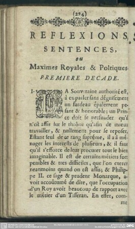 Reflexions Sentences ou Maximes Royales & Politiques = Königliche und Politische Betrachtunge, Sprüche oder Grund-Regeln