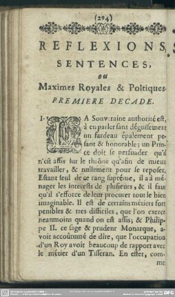 Reflexions Sentences ou Maximes Royales & Politiques = Königliche und Politische Betrachtunge, Sprüche oder Grund-Regeln