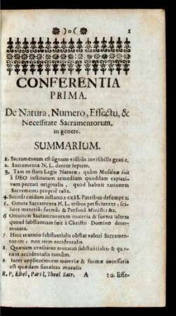 Conferentia Prima. De Natura, Numero, Effectu, & Necessitate Sacramentorum in genere