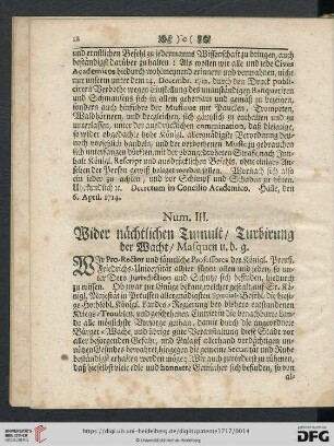 Num. III. Wider naechtlichen Tumult / Turbirung der Wacht / Masquen u.d.g.