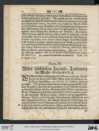 Num. III. Wider naechtlichen Tumult / Turbirung der Wacht / Masquen u.d.g.