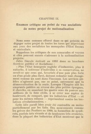 Chapitre IX Examen critique au point de vue socialiste de notre projet de nationalisation