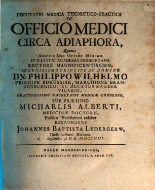 Disputatio Medica Theoretico-Practica De Officio Medici Circa Adiaphora