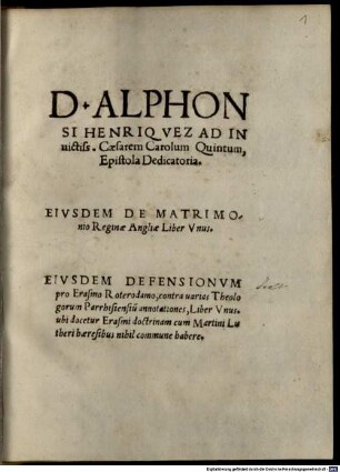 D. Alphonsi Henriquez Ad in victiss. Caesarem Carolum Quintum , Epistola Dedicatoria
