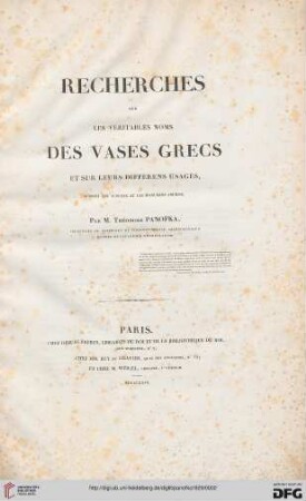 Recherches sur les véritables noms des vases grecs et sur leurs différens usages