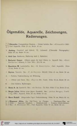 Ölgemälde, Aquarelle, Zeichnungen, Radierungen (Nr. 1-429)
