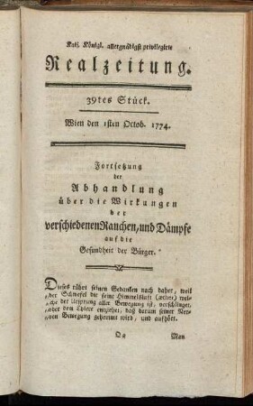 39tes Stück. Wien den 1sten Octob. 1774.