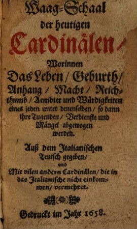 Wag-Schaal der heutigen Cardinälen