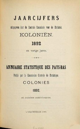 Jaarcijfers voor het Koninkrijk der Nederlanden. Kolonien = Colonies des Pays-Bas : = Annuaire statistique pour le Royaume des Pays-Bas. 1892 (1894)
