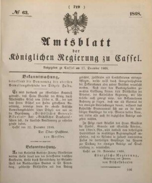 № 63. Ausgegeben zu Cassel am 17. December 1868.