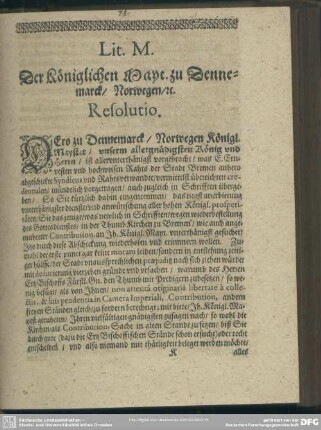 Lit. M. Der Königlichen Mayt. zu Dennemarck, Norwegen, [et]c., Resolutio