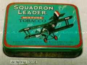 Blechdose für 50g? Tabak "SQUADRON LEADER MIXTUR TOBACCO" (Abbildung eines Doppeldeckers)
