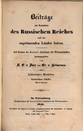Beiträge zur Kenntnis des Russischen Reiches und der angrenzenden Länder Asiens, 18. 1856