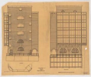 Fabrikgebäude Werdermühle, Breslau: Grundriss Sockel, Aufriss Ostseite, Westseite 1:50