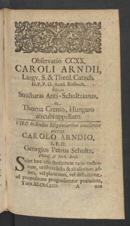 Observatio CCXX. Caroli Arndii, Lingu. S. & Theol. Catech. D.P.P.O. Acad. Rostoch. sistens ...