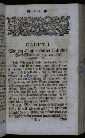 Caput I. Wie ein Hauß-Vatter und eine Hauß-Mutter sich gegen ein ander verhalten solle.