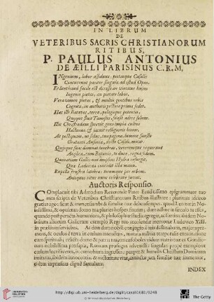In Librum de veteribus sacris christianorum ritibus, P. Paulus Antonius de Aeilli parisinus c.r.m.