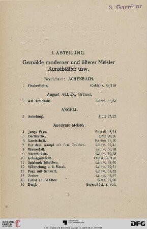 I. Abteilung. Gemälde moderner und älterer Meister, Kunstblätter usw. (Nr. 1-160)