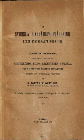 Om svenska riksrådets ställning efter statshvälfningen 1772