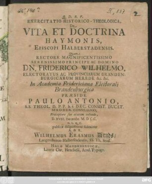 Exercitatio Historico-Theologica, De Vita Et Doctrina Haymonis, Episcopi Halberstadensis