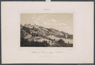 Das Elbtal im Osten von Dresden vom rechten Elbufer nach Osten: von links die Villa Elysium, die Albrechtsschlösser, die Elbe mit Schiffen und Loschwitz im Hintergrund