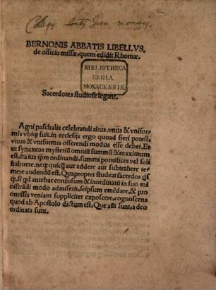 Bernonis Abbatis Libellvs, de officio missae : quem edidit Rhomae