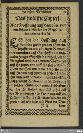 Das zwölffte Capitel. Was Hoffnung auf Gott sey, und wie sich ein Liebhaber der Gottseligkeit uben sol