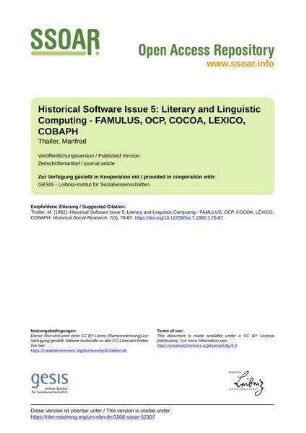 Historical Software Issue 5: Literary and Linguistic Computing - FAMULUS, OCP, COCOA, LEXICO, COBAPH