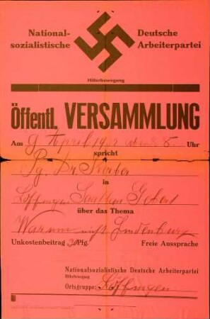 Versammlung der NSDAP-Ortsgruppe Löffingen: Warum nicht Hindenburg