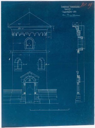 Ev. Garnisonskirche und Pfarrhaus, Hannover: Ansicht und Schnitt eines Treppenturms am Hauptturm 1:20