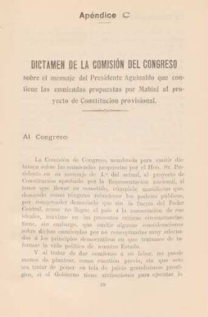 Apéndice C. Dictamen de la Comisión del Congreso sobre el mensaje del Presidente Aguinaldo que contiene las enmiendas propuestas por Mabini al proyecto de Constitución provisional