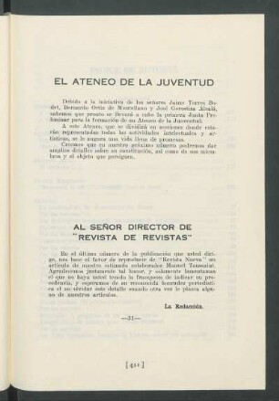 Al señor Director de "Revista de Revistas"