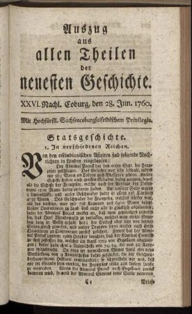 XXVI. Nachl. Coburg, den 28. Jun. 1760.