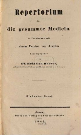 Repertorium für die gesammte Medicin, 1843, Bd. 7