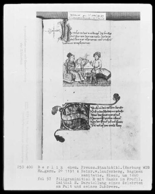 Heinrich von Laufenberg, Regimen sanitatis, deutsch — Gelehrter am Pult und Zuhörer, Folio 57recto