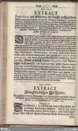 Num. XXIII. Extract Zweybrückischen Abschieds, So zwischen Hertzog Johannsen II. zu Zweybrücken, ... den 11. Martii 1605