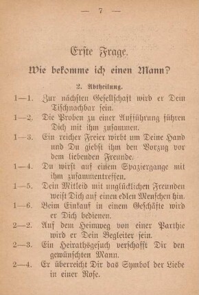 Erste Frage. Wie bekomme ich einen Mann? 2. Abtheilung