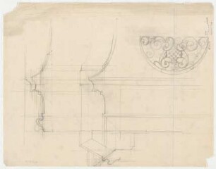 Thiersch, Friedrich von; München; Justizpalast - Rundbogenornament (Ansicht); Gesimse (Schnitte)
