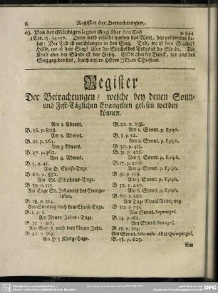 Register Der Betrachtungen, welche bey denen Sonn- und Fest-Täglichen Evangelien gelesen werden können