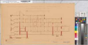 Erweiterungsbau des Krankenhauses Bardenberg. Wirtschaftsgebäude. Z.T. kolorierte Grundrisse und Schnitte.Schnitte